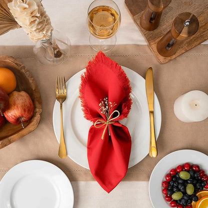 Blue Needles Handmade Cotton Linen Cloth Napkins with Fringes - Set of 6 Red Dinner Table Napkins 18x18 Inch Hemmed Edges Washable, Soft, Reusable, Perfect for Fall Thanksgiving & Family Dinner