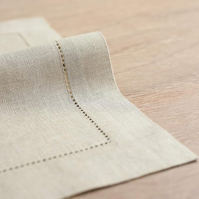 Solino Home Linen Placemats Set of 6 - Classic Hemstitch Natural Placemats 14 x 19 Inch - 100% Pure Linen Table Mats for Fall, Autumn, Christmas, Holiday, New Year