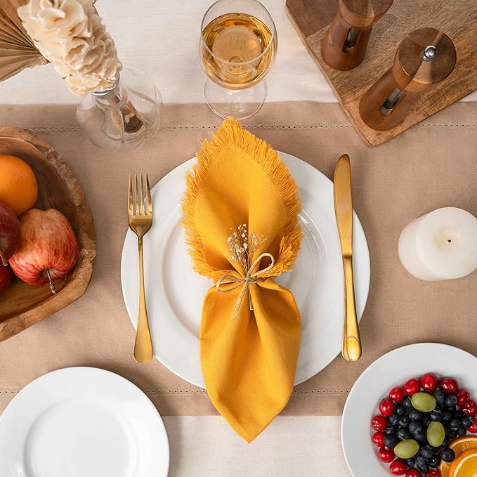 Blue Needles Handmade Cotton Linen Cloth Napkins with Fringes - Set of 6 Golden Yellow Dinner Table Napkins 18x18 Inch Hemmed Edges Washable Soft Reusable Perfect for Fall Thanksgiving & Family Dinner