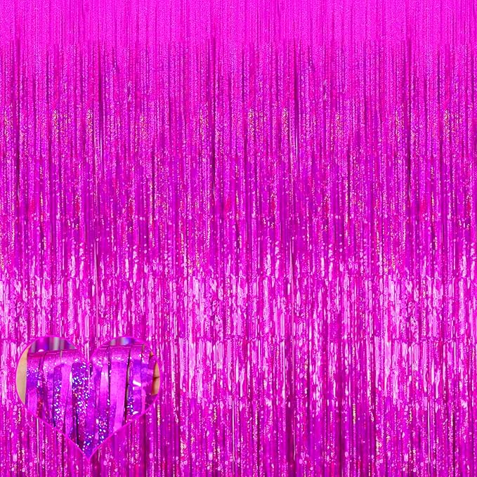 4 Pack 3.2Ft x 8.2Ft Fuchsia Fringe Curtain Backdrop, Sparkle Metallic Tinsel Foil Fringe Streamers Background for Photo Booth Birthday Wedding Baby Shower Halloween Christmas Party Decorations
