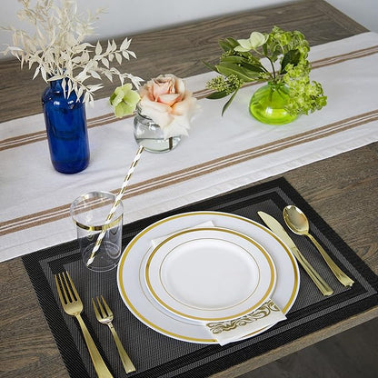 Neatiffy 225 Pcs Gold Rim Plastic Dinnerware Set (25 Guest) | 25 x (Dinner Plate, Dessert Plate, Gold Plastic Silverware, Cup, Napkin, Straw) | For Wedding, Luxurious Party, Special Event
