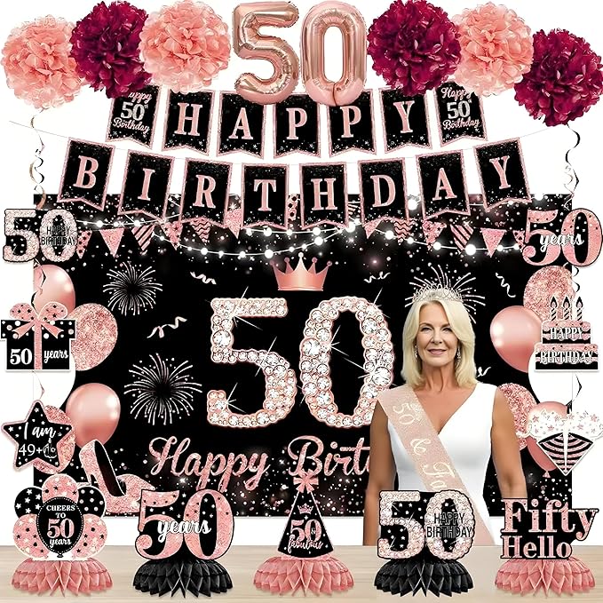50th Birthday Decorations for Women - Rose Gold Crown Kit with Happy Birthday Banner, Foil Balloons, Backdrop, Sash & More - High - Quality, Diverse Party Items for Effortless Setup
