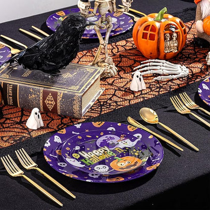 U-QE 20Pcs Halloween Plastic Plates - Cute Ghost and Pumpkins Design - Purple Plastic Plates Includes 10 10.25" Dinner & 10 7.5" Salad Plate - Perfect for Halloween Party, Ghost Party