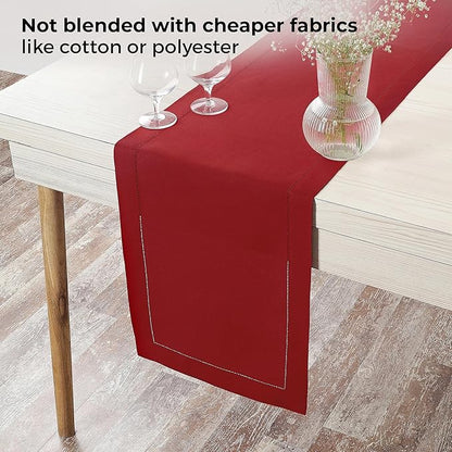 D'Moksha Homes Linen Red Table Runner 60 Inches - Classic Hemstitch, 100% Pure Linen Coffee Table Runner 14 x 60 Inch Ideal for Dresser Tables - Winter, Christmas, Holiday