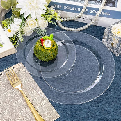 FLOWERCAT 200PCS Clear Plastic Plates Disposable Plates for Party - Heavy Duty Plastic Plates - 100 10" Dinner Plates and 100 7" Salad Plates for Weddings, New Year,Christmas Parties and Events