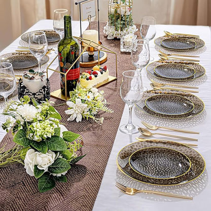 Rubtlamp 60Pcs Black Plastic Plates, Black Disposable Plates With Gold Rim, Clear Heavy-duty Party Plates, Hammered Plastic plates Include 30 Dessert Platos, 30 Dinner Platos for Party, New Year