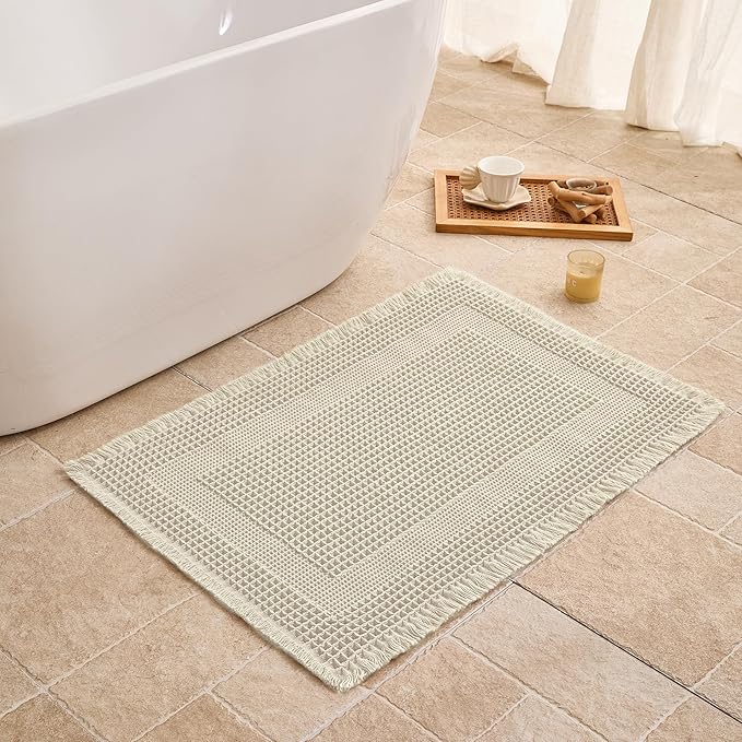 Waffle Bath Mat Non Slip, Boho Bathroom Rug, Super Absorbent Quick Dry Bathroom Mat, Soft Farmhouse Bath Rug with Tassels, Small Washable Shower Mats for Floor 24"x36", Square Cream