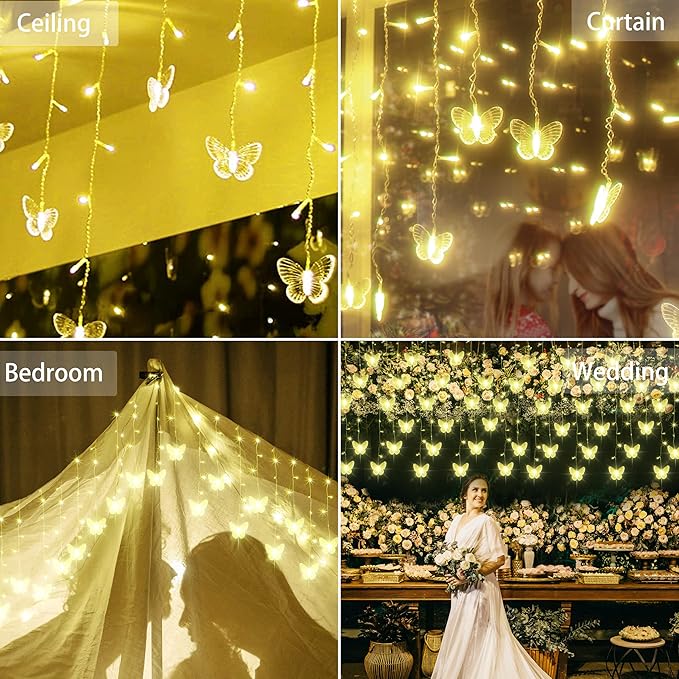 Butterfly Curtain Fairy Lights USB Plug in,120 LED 8 Modes 20FT Firefly Twinkle Icicle String Lights with Remote Timer Waterproof Copper Wire for Bedroom Patio Christmas Wedding Party Dorm(Warm White)