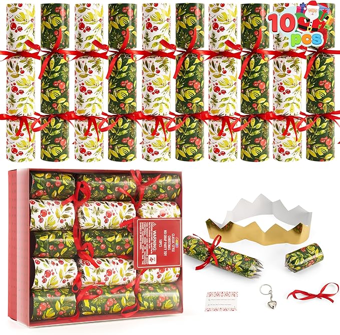 JOYIN 10 Pack Christmas No-Snap Party Favors, Green Xmas Table Favor for Kids Includes Party Hat, Jokes & Gifts, Cute Gifts for Christmas Table Decorations, Dinner Traditions Party Supplies
