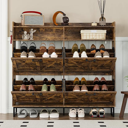 Shoe Cabinet with 4 Flip Drawers Narrow Shoe Storage Cabinet Organizer Wooden Freestanding Shoe Rack Hidden Slim Shoes Storage Cabinet for Entryway, Hallway, Living Room, Bedroom