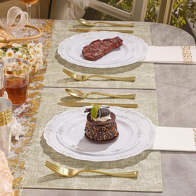 175 PCS White and Gold Disposable Plates, Elegant Dinnerware Set for 25 Guests, 50 Plastic Plates, 75 Silverware, 25 Cups & 25 Paper Napkins, White and Gold