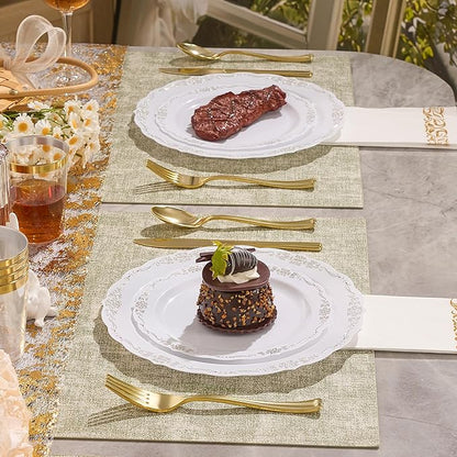 175 PCS White and Gold Disposable Plates, Elegant Dinnerware Set for 25 Guests, 50 Plastic Plates, 75 Silverware, 25 Cups & 25 Paper Napkins, White and Gold