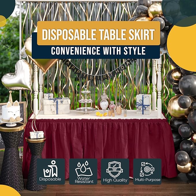 Ruffle Table Skirt Burgundy 2 Pack 14 Ft Long Table Skirts for Rectangle Tables 6ft Plus or Round Tables Skirts with Adhesive Strip for Gender Reveal Decor & Happy Birthday Parties by Exquisite