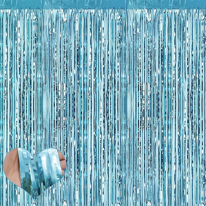 4 Pack Light Blue Fringe Curtain Backdrop, 3.2Ft x 8.2Ft Metallic Tinsel Foil Fringe Streamers Curtains Background for Photo Booth Birthday Wedding Baby Shower Party Thanksgiving Christmas Decorations