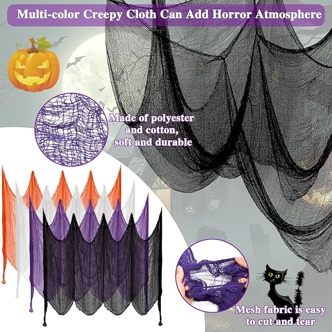 Halatool 30 X 90 in Halloween Creepy Cloth, 4 PCS Multi-Color Spooky Cheesecloth Scary Hanging Gauze Decor for Halloween Party Supplies Haunted Houses Windows Doorways Indoors & Outdoors