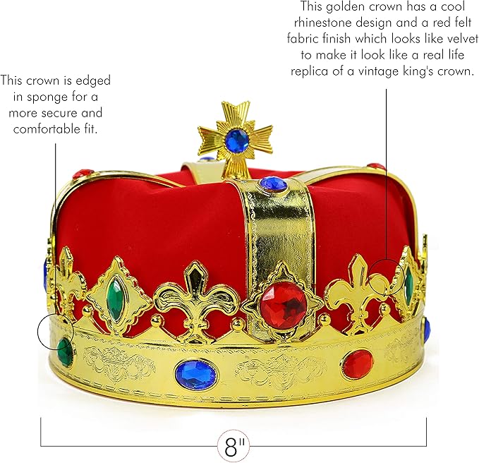 Skeleteen Regal Gold King Crown - Royal Red Felt Imperial Jeweled Mens and Womens Unisex Party Dress Up Accessory Crowns - 1 Piece