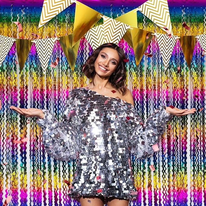 4 Pack Rainbow Fringe Curtain Backdrop 3.2Ft x 8.2Ft Metallic Tinsel Foil Fringe Streamers Background for Photo Booth Mother's Day, Easter, Carnival, Birthday, Wedding Party Decoration