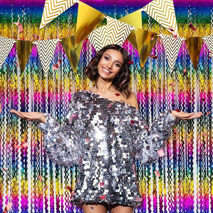4 Pack Rainbow Fringe Curtain Backdrop 3.2Ft x 8.2Ft Metallic Tinsel Foil Fringe Streamers Background for Photo Booth Mother's Day, Easter, Carnival, Birthday, Wedding Party Decoration