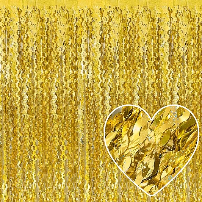 4 Pack Gold Fringe Curtain Backdrop 3.2Ft x 8.2Ft Metallic Tinsel Foil Fringe Streamers Background for Photo Booth, Easter, Mother's Day, Bachelorette, Wedding, Birthday Party Decoration
