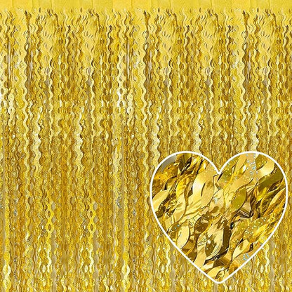 4 Pack Gold Fringe Curtain Backdrop 3.2Ft x 8.2Ft Metallic Tinsel Foil Fringe Streamers Background for Photo Booth, Easter, Mother's Day, Bachelorette, Wedding, Birthday Party Decoration