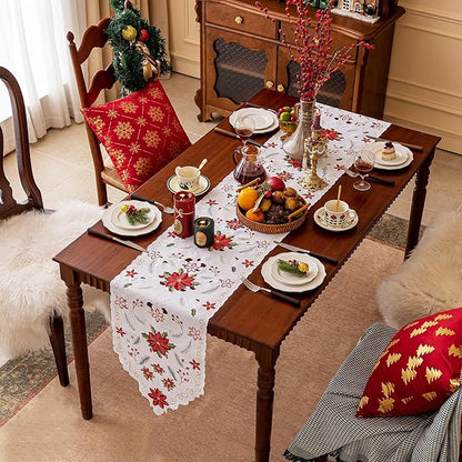 Joyfol Day Christmas Florals Table Runner 14 x 59 Inch, Embroidered Cutwork Poinsettia Holly Leaves Table Runners, Winter Holiday Flowers Tabletop for Xmas Party Decorations
