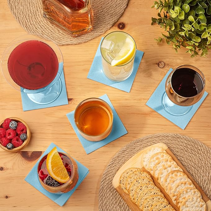 AMERICAN HOMESTEAD Light Blue Cocktail Napkins - Premium 4" x 4" Disposable Linen-Like Beverage Napkins - Bulk Square Party Bar Serviettes for Weddings, Parties, and Events- 100 Count
