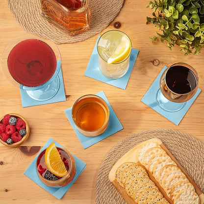 AMERICAN HOMESTEAD Light Blue Cocktail Napkins - Premium 4" x 4" Disposable Linen-Like Beverage Napkins - Bulk Square Party Bar Serviettes for Weddings, Parties, and Events- 100 Count