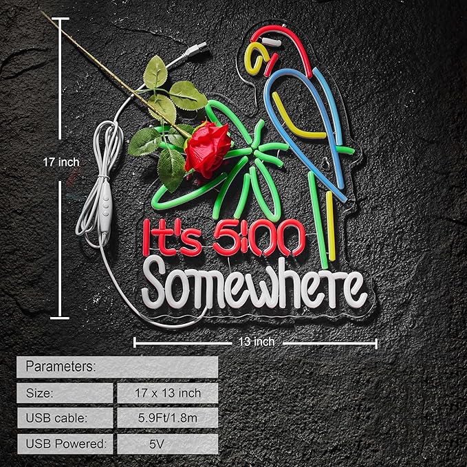 Its 5:00 O'clock Somewhere Neon Signs for Wall Décor Dimmable LED Neon Light USB Powered Neon Art Signs Decor