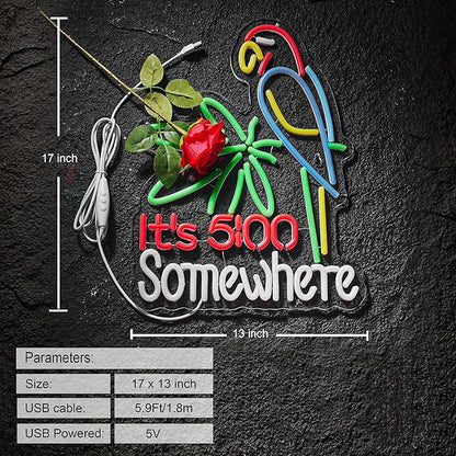 Its 5:00 O'clock Somewhere Neon Signs for Wall Décor Dimmable LED Neon Light USB Powered Neon Art Signs Decor