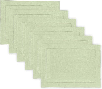 Solino Home Linen Cloth Placemats Set of 6-100% Pure Linen Hemstitch Sage Green Placemats 14 x 19 Inch - Classic Hemstitch Table Place Mats for Fall, Autumn, Christmas, Winter, New Year