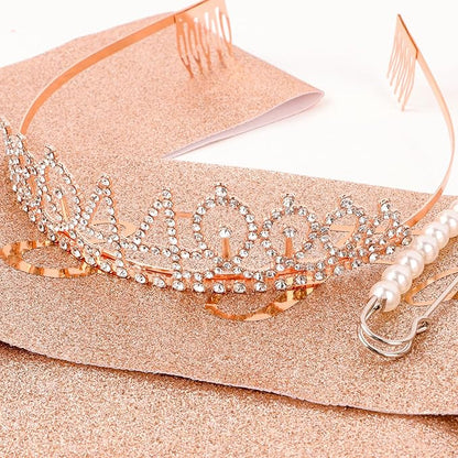 CIEHER 44th Birthday Crown & Sash Set + Pearl Pin, Fabulous 44 Birthday Tiara, Decorations & Gifts for Women