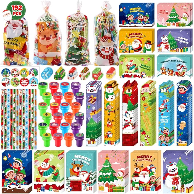 Shemira Classroom Gifts for Students, 192PCS Christmas' School Stationery Set, Christmas Party Favors, Assorted Goodie Bag Stocking Stuffers, Xmas Gifts Toys Reward Prizes for Kids