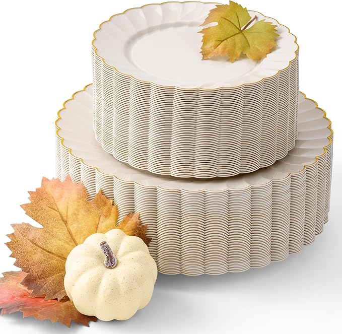 By Madee HEAVYWEIGHT 100 Pc Ivory Scalloped Plastic Plates for Party with Gold Trim | 50 Dinner & 50 Dessert Party Plates | Elegant Fancy for Wedding, Bridal Showers Special Moments (50 Guests)