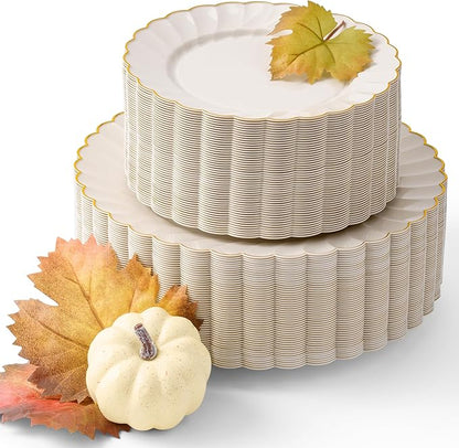 By Madee HEAVYWEIGHT 100 Pc Ivory Scalloped Plastic Plates for Party with Gold Trim | 50 Dinner & 50 Dessert Party Plates | Elegant Fancy for Wedding, Bridal Showers Special Moments (50 Guests)