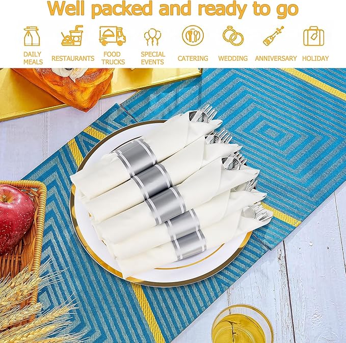 50 Pack Pre Rolled Silver Plastic Silverware Set,Wrapped Plastic Cutlery Set with Napkin Include 50 Forks,50 Spoons,50 Knives and 50 White Napkins for Party,Wedding,Christmas