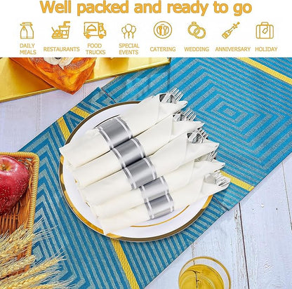 50 Pack Pre Rolled Silver Plastic Silverware Set,Wrapped Plastic Cutlery Set with Napkin Include 50 Forks,50 Spoons,50 Knives and 50 White Napkins for Party,Wedding,Christmas