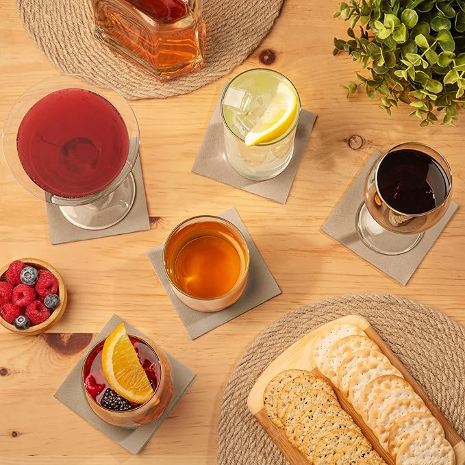 AH AMERICAN HOMESTEAD Paper Cocktail Napkins - Linen-Like Disposable Beverage Bar Napkins 4.75" x 4.75" - Bulk Square Napkins - Ideal for Party or Wedding (Light Brown -100 Count)