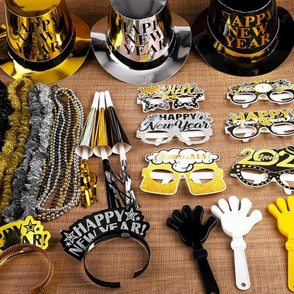 Fovths 290 Pieces 2026 New Years Eve Party Supplies Party Top Hats Headband Glasses Hand Clapper Leis Necklaces 2026 Gold Foil Balloons Happy New Year Decorations