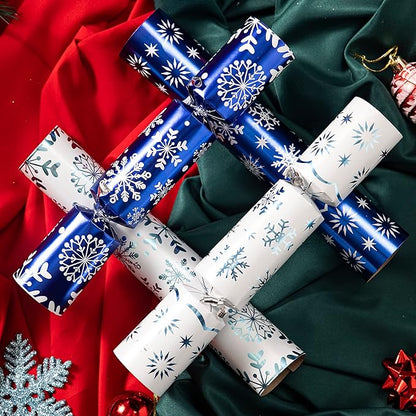 JOYN 8 Pack Christmas Non-Snap Party Table Favor with Blue & White Snowflake Design, with Party Hat, Joke & Little Gift Inside, for Xmas Gift, Christmas Seasonal Holiday Dinner Traditions