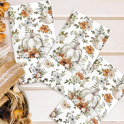 100pcs Thanksgiving White Pumpkin Paper Napkins 3 Ply Disposable Fall Pumpkin Guest Napkins Hand Towels for Bathroom Home Kitchen Table Harvest Party
