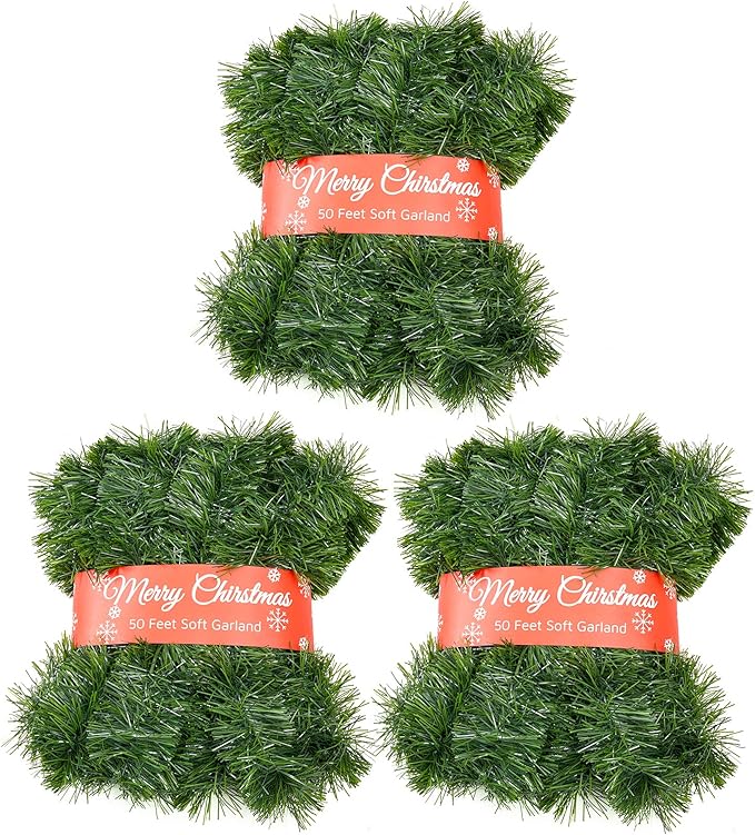 3 Pack 50 Foot Soft Christmas Garland, Non-lit Christmas Garland Ideal for Indoor and Outdoor Decor, Green Tinsel Garland for Holiday Wedding Party Decoration