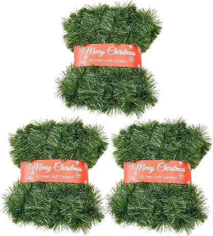 3 Pack 50 Foot Soft Christmas Garland, Non-lit Christmas Garland Ideal for Indoor and Outdoor Decor, Green Tinsel Garland for Holiday Wedding Party Decoration