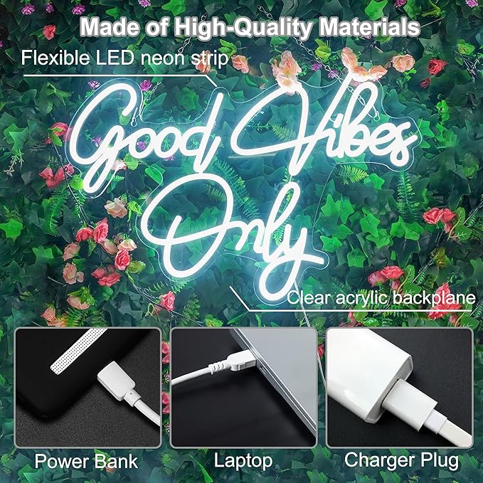 Good Vibes Only Neon Sign for Wall Decor 21.6" x 14.1" Large Cool White LED Fun Vibe Lights for Party, Bedroom, Bar, Wedding Decoration - Best Gifts for Birthday, Christmas