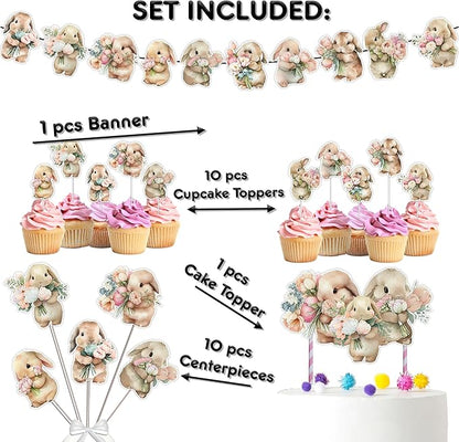Easter Bunny Baby Shower and Birthday Party Supplies Set - Banner, Centerpieces, Cupcake Toppers, Cake Topper