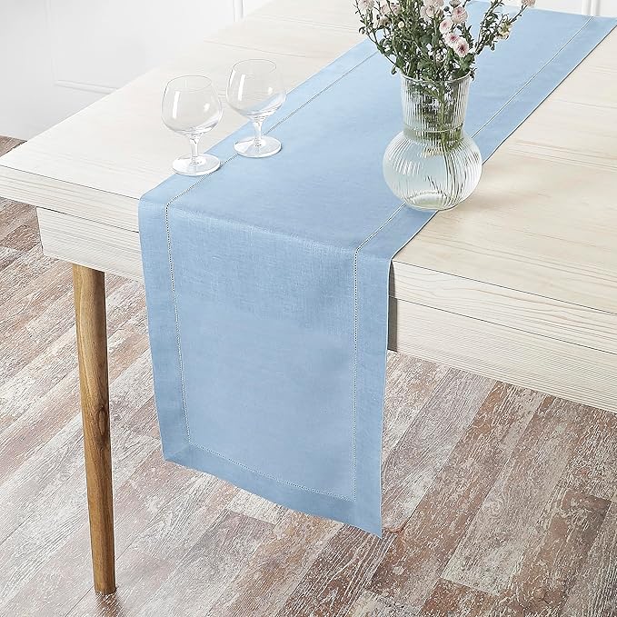D'Moksha Homes Linen Powder Blue Table Runner 120 Inches Long - 100% Pure Linen Hemstitch 14 x 120 Inch Table Runner for Dining, Winter, Christmas, Holiday - Classic Hemstitch