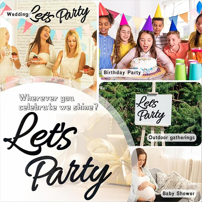 Let's Party Sign for Backdrop Decor Waterproof Lettering for Balloon Arch Garland Birthday Wedding Baby Shower Graduation Bachelorette Party Christmas Celebrate Decorations (Black)