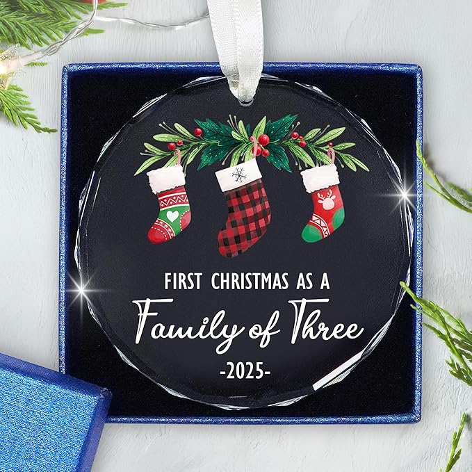Baby's First Christmas Ornaments 2025 - Christmas Tree Decoration Glass Ornaments - New Parents Mom Dad, Baby First Ornament, First Christmas As A Family of Three, Ideal for New Mom Dad