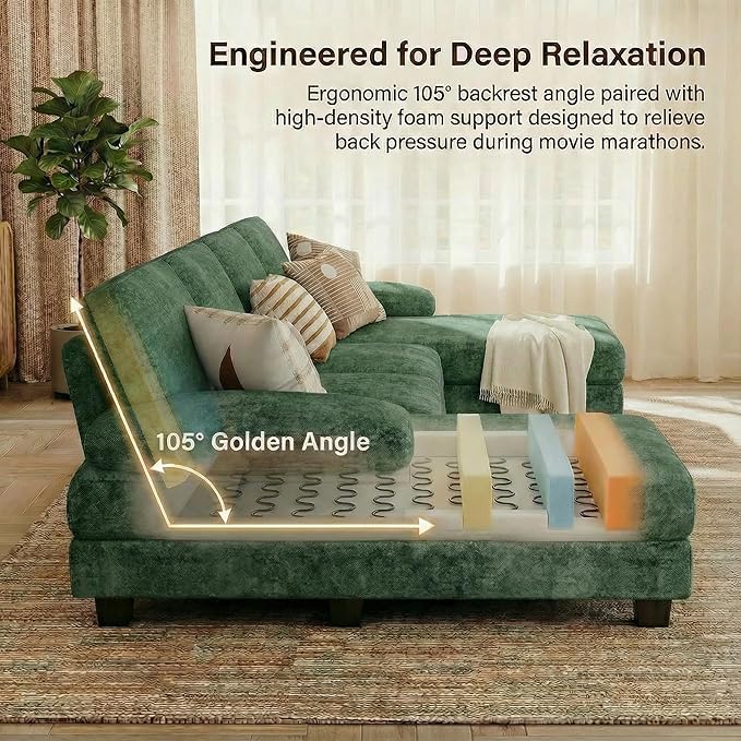 Homall Modular Sectional U Shaped Sofa Couches for Living Room, Comfy Chenille 4 Seat Sofa Set with Removable Pillows, Lounge Chaise Upholstered Couch for Apartment (Chenille, Green)
