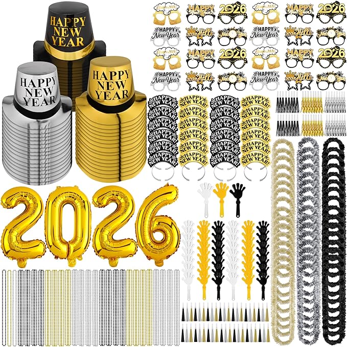 Fovths 290 Pieces 2026 New Years Eve Party Supplies Party Top Hats Headband Glasses Hand Clapper Leis Necklaces 2026 Gold Foil Balloons Happy New Year Decorations