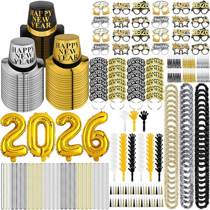 Fovths 290 Pieces 2026 New Years Eve Party Supplies Party Top Hats Headband Glasses Hand Clapper Leis Necklaces 2026 Gold Foil Balloons Happy New Year Decorations